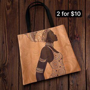 African Tribal Woman Painted Ethnic Fabric Canvas Strap Tote Bag